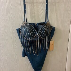 NWT Blashe Denim Rhinestone Corset Bodysuit Fringe Size M